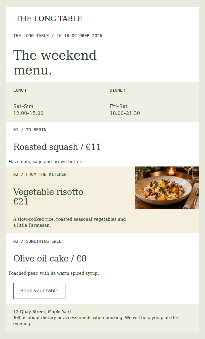 A restaurant newsletter with food photography and a typeset menu
