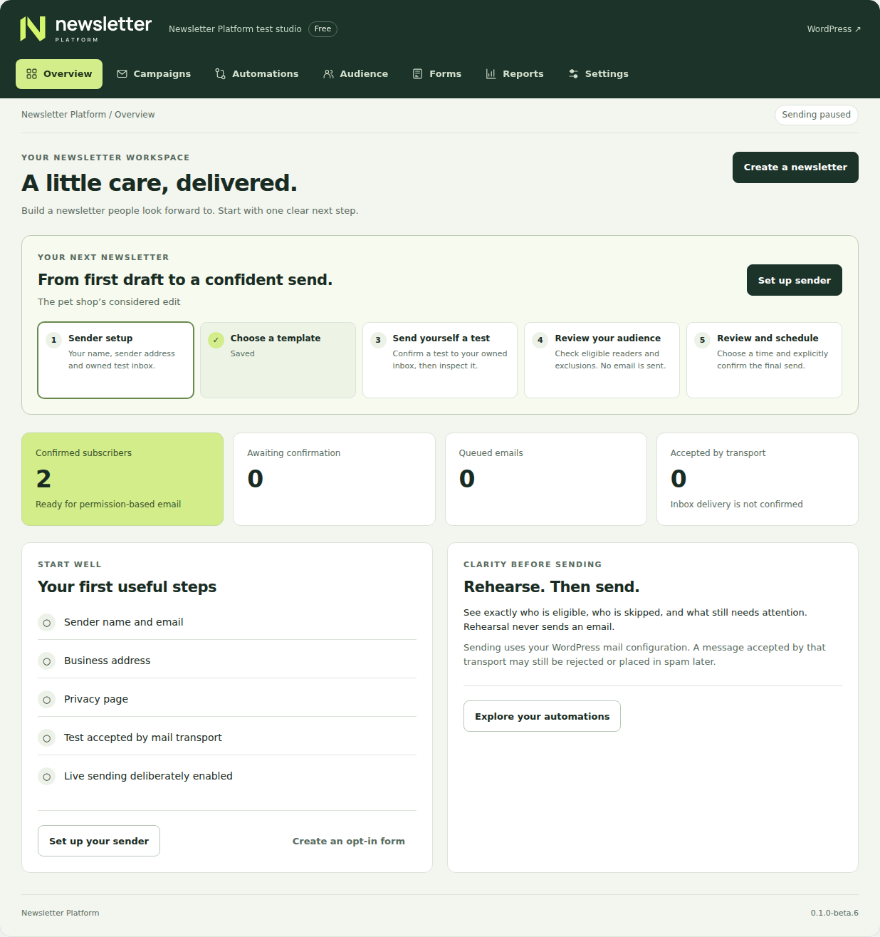 The actual Free beta6 workspace with the five-step first-newsletter guide